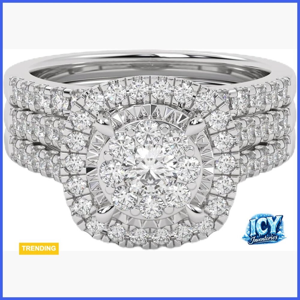 Lab Grown Diamond Halo Wedding Engagement Ring Set 14K Gold Over Sterling Silver